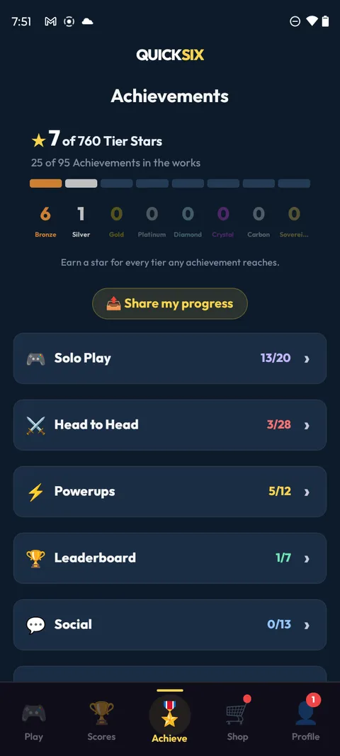 Achievements screen: 7 of 760 Tier Stars, the eight-tier prestige row, and per-category progress like Solo Play 13 of 20.