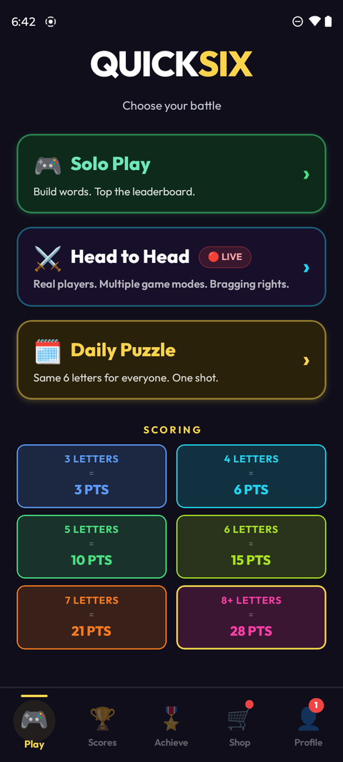 QuickSix Play menu showing the Solo, Head to Head, and Daily Puzzle modes with the scoring guide.
