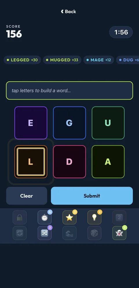 QuickSix in play: six jewel-coloured letter tiles with the L tile glowing gold for double points, a live score and countdown, found words scored above, and the powerup bar below.