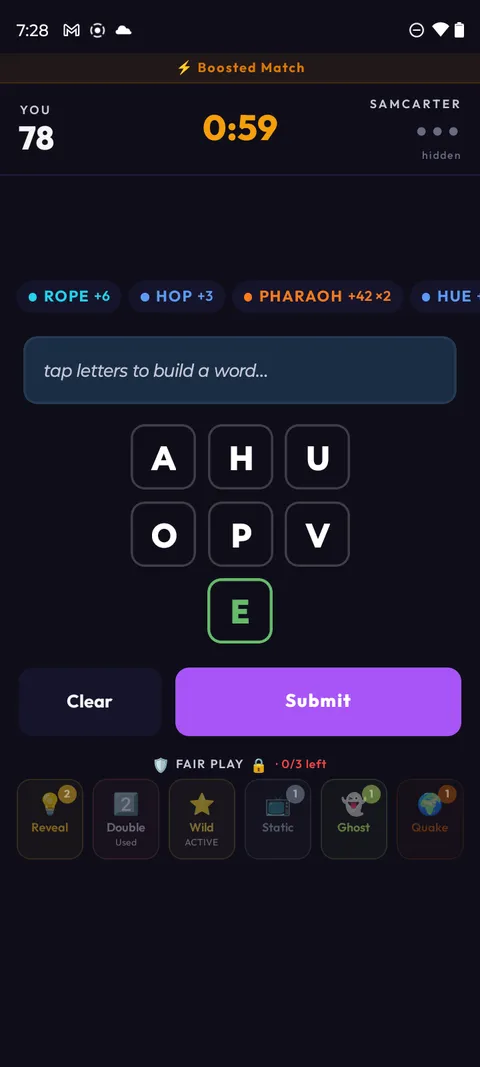 Live Boosted Head-to-Head board: your score with the opponent's score hidden, a bonus 7th Wildcard tile, and the powerup bar with uses remaining.