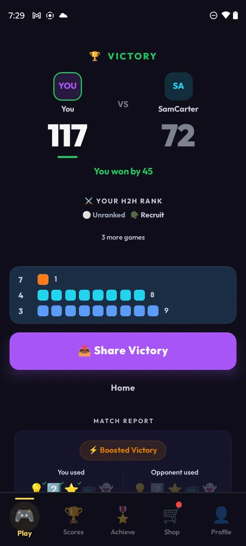 Head-to-Head victory screen: you won 117 to 72, with your H2H rank and a word-length breakdown.