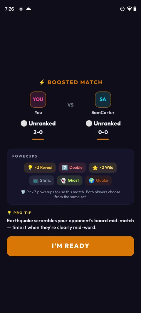 Head-to-Head pre-match screen: You versus SamCarter in a Boosted match, with the six-powerup pick and an Earthquake pro-tip.