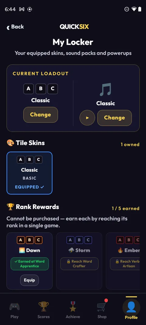 My Locker screen: current skin and sound-pack loadout, owned tile skins, and rank-reward skins like Dawn, Storm, and Ember.