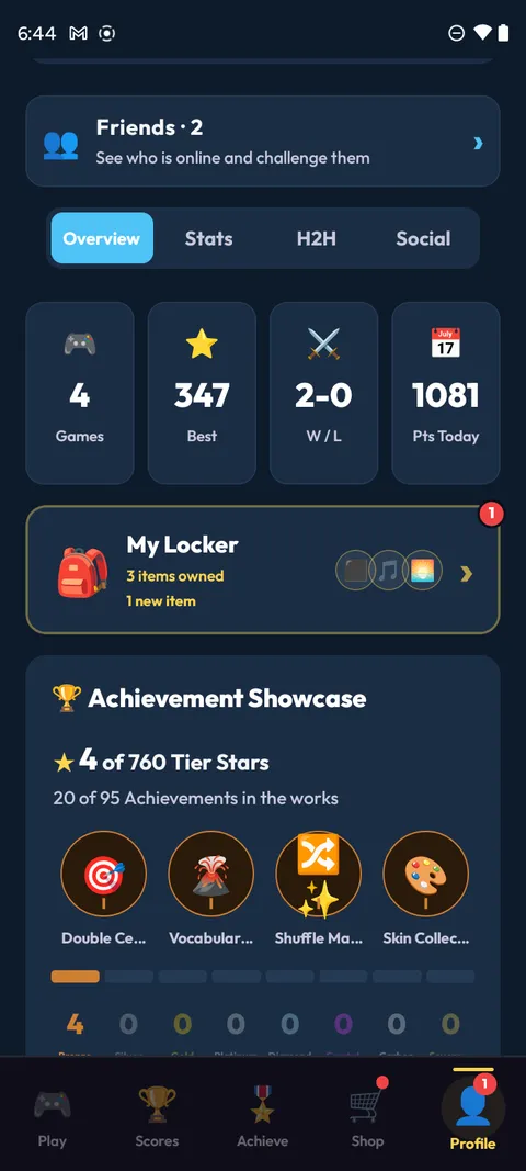 Player profile: four overview stat cards (Games, Best, Win/Loss, Points Today), a My Locker card, and the Achievement Showcase with tier stars.
