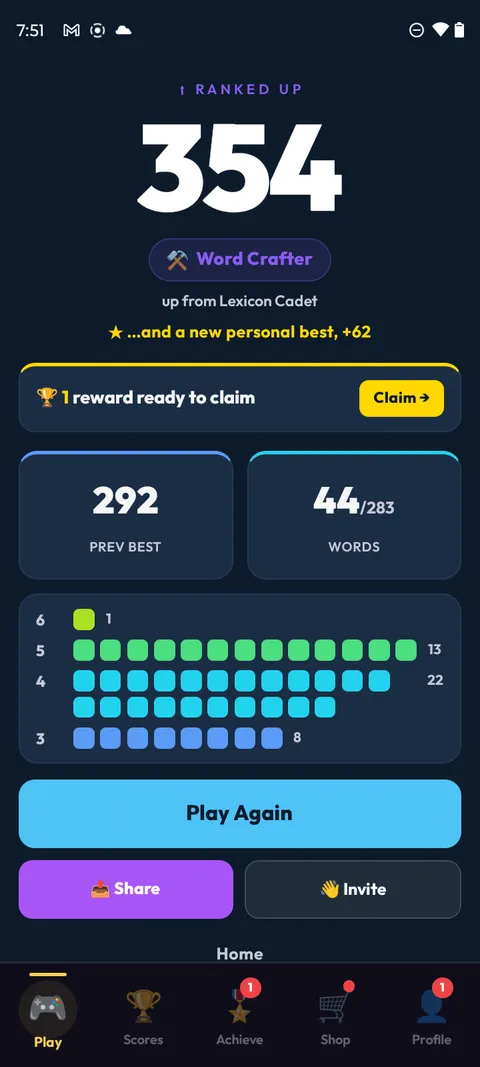 Solo end-of-game screen: a 354 score with a Ranked Up banner, a new personal best, a claimable reward, and a word-length histogram.